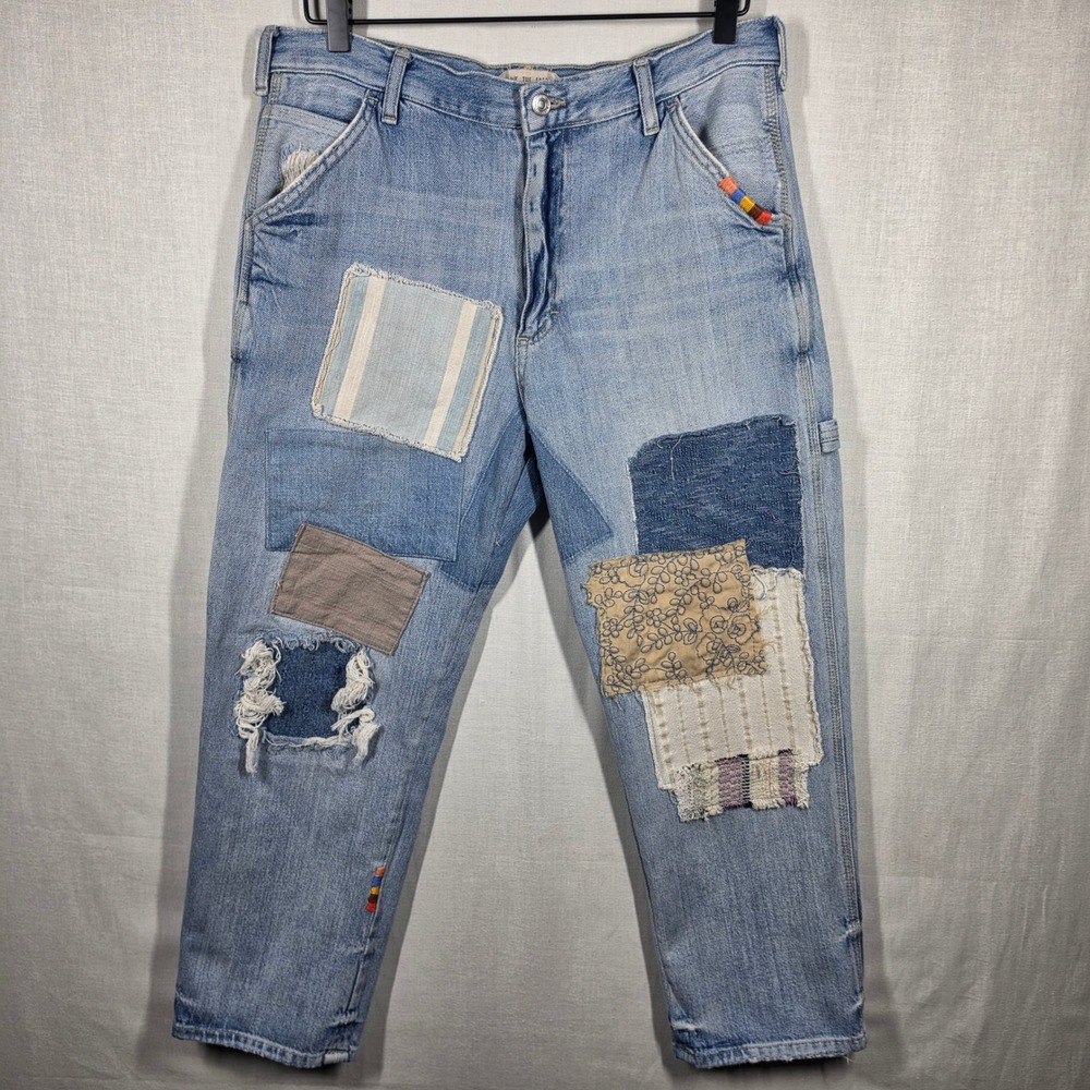 Free People We The Free Jeans Womens 29 Demand Patched Carpenter Light Wash Boho